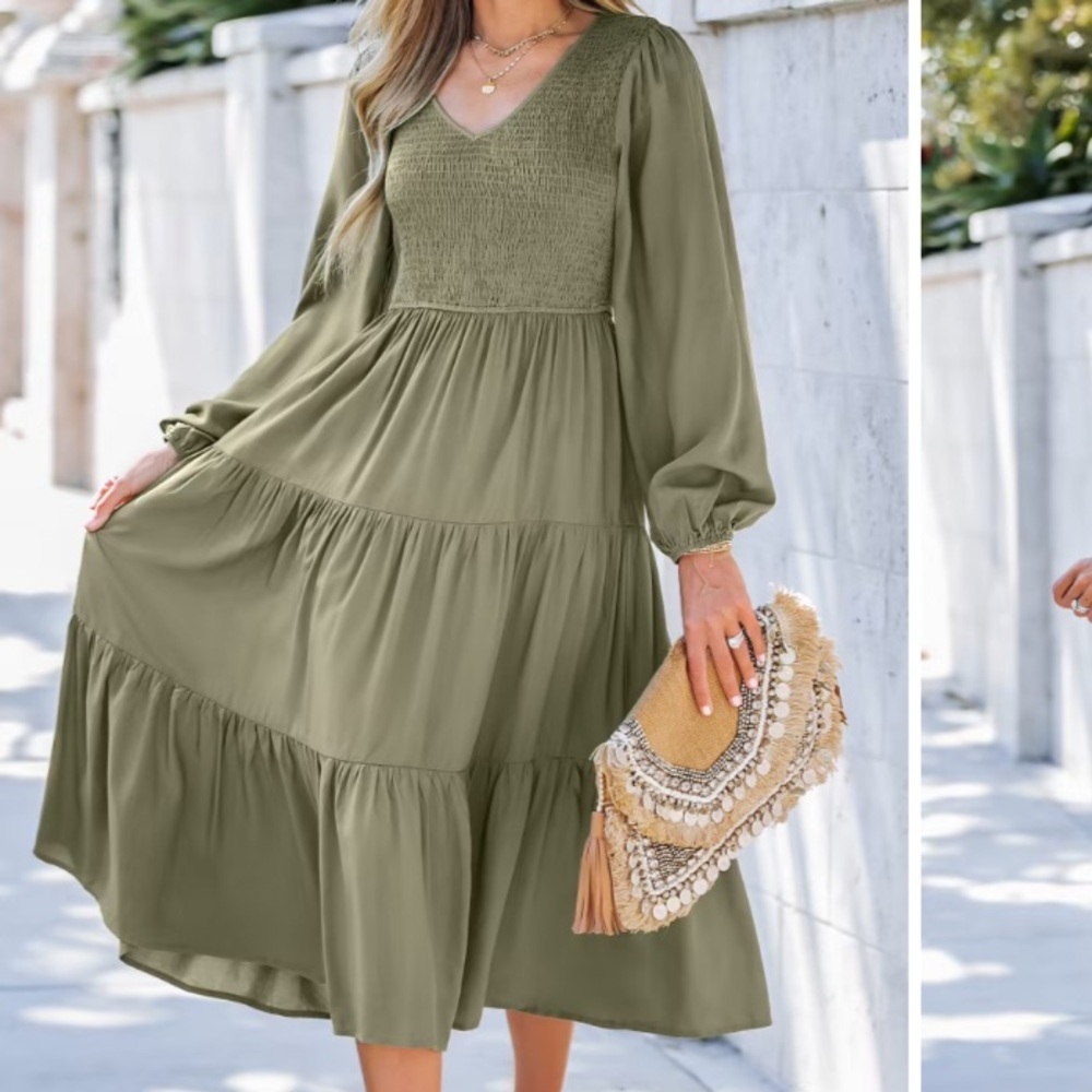 Cupshe Olive Green V-Neck Smocked Long Sleeve Midi Dress Size XS